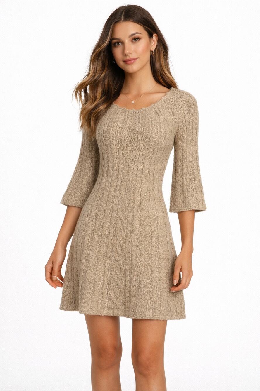 2000s Kenji Alpaca Blend Knit Dress XS/S Fitted Tan Bell Sleeve